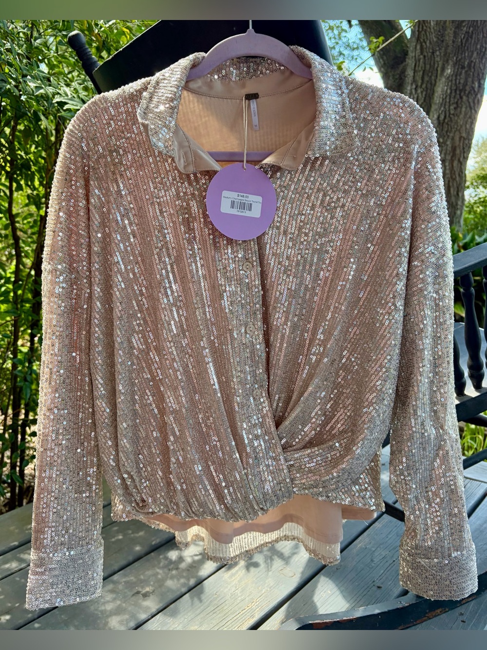 NWT YFB Sequin Twist-Front Blouse in Champagne Ladies Size Medium ($148)